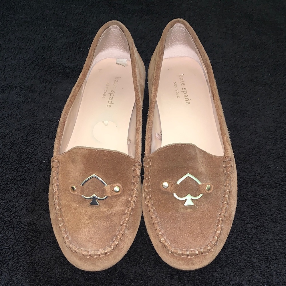 Kate Spade Heart Loafers Brown Suede with Signature Spade Charm Women's Size 7.5